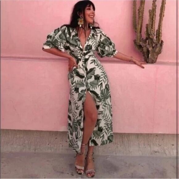 JOHANNA ORTIZ X H&M Linen Midi Dress Tropical Green Leaf Print Size XS - Picture 3 of 10